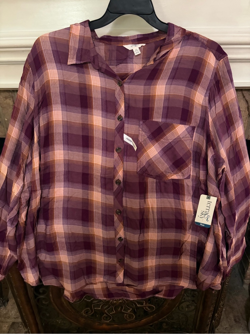 Terra & Sky Purple and Peach Plaid Button-Front Shirt